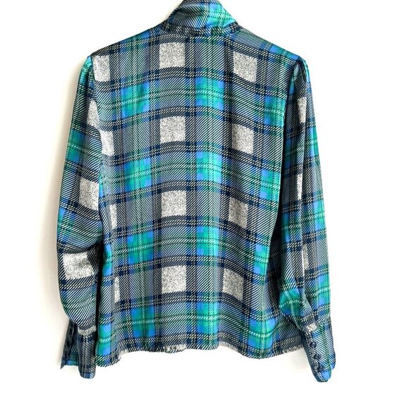Vintage Pierre Segade France Blue Green Plaid Neck Bop Long Sleeve Blpouse M/L - Picture 6 of 9